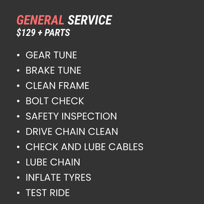 Image of the services completed during a General Bike Service at Cycling Tom Bike Shop in Masterton